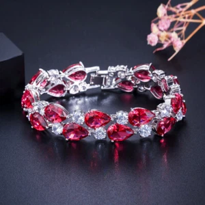 New Mona Lisa Rose Red Garnet Mix White Topaz Gems Silver Women Charm bracelets - Picture 1 of 6