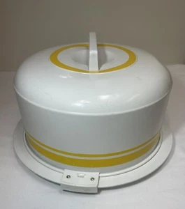 Vintage Cake Carrier White Yellow Stripe Locks Metal  Large Size USA - Picture 1 of 8