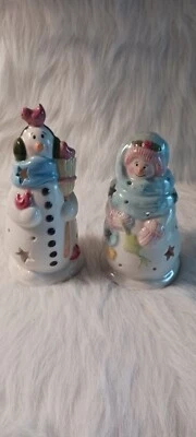 Лот 2 Yankee свечи снеговик бирюзовый держатель Рождество зима 8» высокий EUC - Изображение 1 из 4