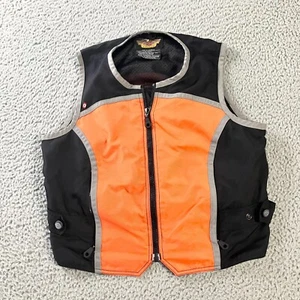 Harley Davidson Vest Mens S-M Orange Black Hi-Vis Safety Full Zip Biker Logo - Picture 1 of 5