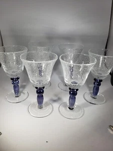 6 Pottery Barn Blown Wine Water Goblets Bubble Glass Blue/Purple 8.25” - Picture 1 of 16