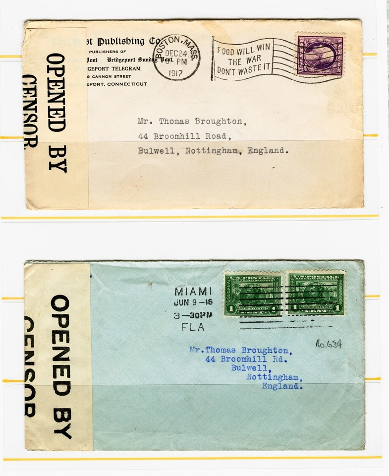 #397 & #501 1916-1917 WWI Covers Opened by CENSOR Both to Nottingham England - Image 1 of 1