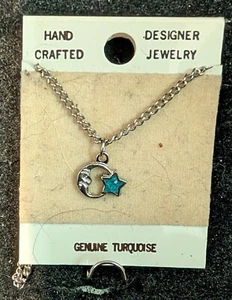 Vintage Nickle Silver Necklace Small Star & Moon Turq. Resin Filled Size 1/4" - Picture 1 of 1