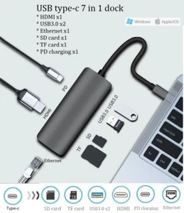USB C USB-c Type-C HUB adapter dock 5 6 7-in-1 to HDMI RJ45 Macbook Windows PC - Picture 1 of 7
