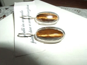 ORECCHINI MONACHELLA OCCHIO DI TIGRE ARGENTO 925 SILVER STERLING CABOCHON GOCCIA - Foto 1 di 6