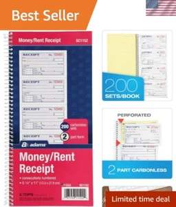 Spiral Bound Carbonless Money and Rent Receipt Book - 2 Sets for Easy Tracking - Picture 1 of 9