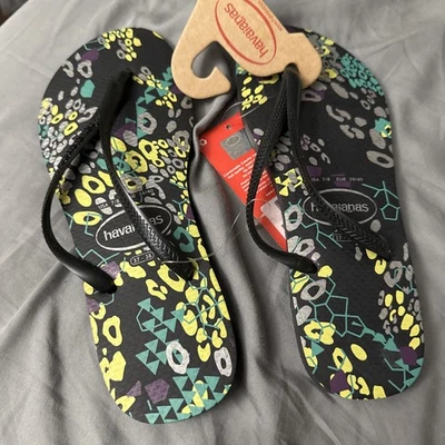 $28. Havaianas Slim Flip Flops  H Slim Thematic Black Print NWT Size 7/8 - Image 1 of 3