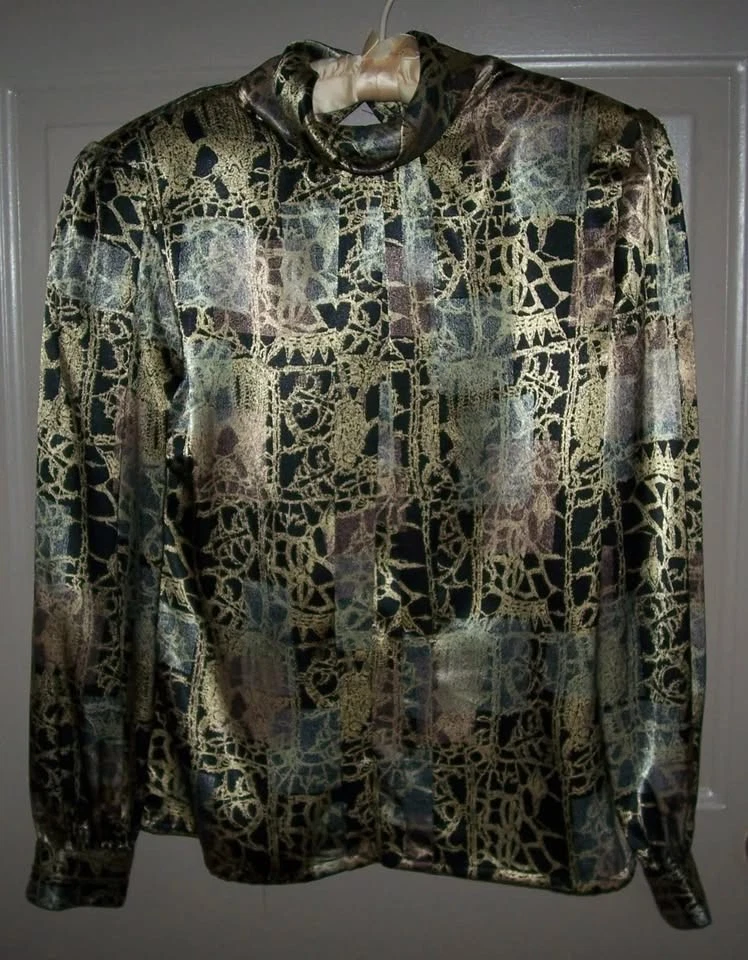 Blusa NICOLA Talla 6 Vintage Estampado Animal LS Poliéster - Negra-Marrón-Dorada - EE. UU. Foto 1 de 1