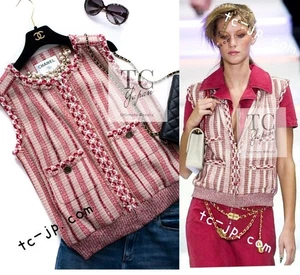 CHANEL 01S Beige Red Linen Tweed Sequin trim RUNWAY Vest Tops Karl Lagerfeld 38 - Picture 1 of 17