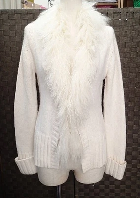 BOSCH Cardigan Size38 White Knit  Removable Tibetan Lamb Fur Collar Women Japan - Image 1 of 4