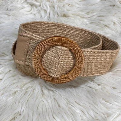 Cinturón ancho elástico de lino de algodón de paja sintética para mujer - Hebilla redonda versátil Foto 1 de 4