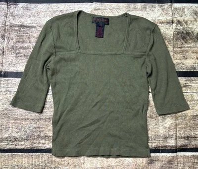 90s Ralph by Ralph Lauren Top Womens XS Petite 3/4 Sleeve Green Cotton USA Made - Image 1 of 4