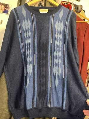 MONTECHIARO Men's Sweater Blue Diamonds Geometric Wool Blend ITALY Thin Knit XL - Image 1 of 4