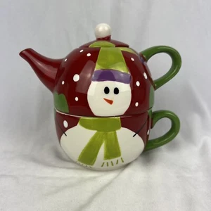Pier 1 Schneeball handbemalt Schneemann Teekanne Teetasse Becher Deckel 3er Set - Bild 1 von 8