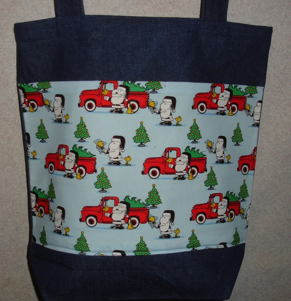 NEW Large Denim Tote Bag Handmade/w Peanuts Snoopy Christmas Trucks Blue Fabric - Image 1 of 1