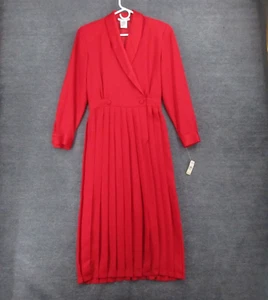 Talbots Dress Womens 10 Red Pleated Vintage Long Sleeve Shoulder Pads Vneck - Picture 1 of 13