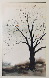 Vintage Painting Watercolor Charles Smith Empty Arms Sad Fall Tree Branches Art
