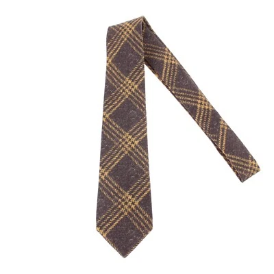 Kiton 全新无标签丝绸/亚麻/棉七折领带灰色棕色/黄色格子 — 第 1/4 张图片