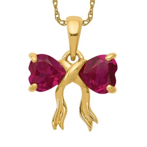 14K Solid Yellow Gold Lab Ruby Bow Necklace - Picture 1 of 12