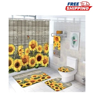 Vibrant Sunflower Shower Curtain Set - 7 Pieces with Bath Mat & Non-Slip Rug - Picture 1 of 9