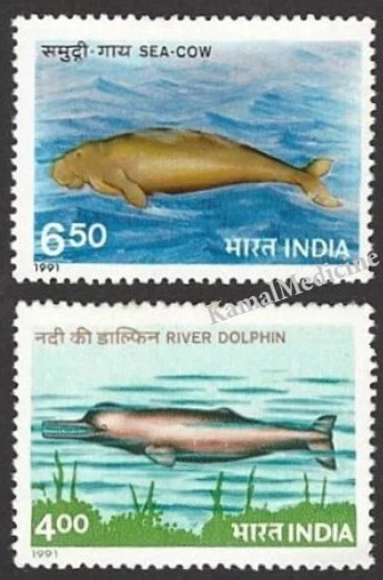 India 1991 Mint no gum 2v, Fish, Sea Cow, Dolphin, Marine Life, - Image 1 of 1