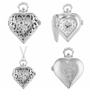 Women Girl Hollow Heart-Shape Pocket Watch with Necklace Chain Pendant Gifts - Picture 1 of 16
