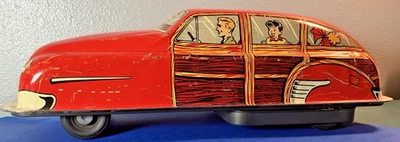 Large Vintage Lupor Woody Station Wagon Tin Litho Friction Car 1950s 10.5" - Image 1 of 4