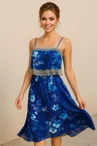 Twelfth Street by Cynthia Vincent Small Navy Floral Silk Maxi Dress Coastal Chic - Picture 1 of 17