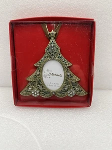 Michaels Jeweled Enamel Christmas Ornament Picture Frame Green Tree Crystals - Picture 1 of 1