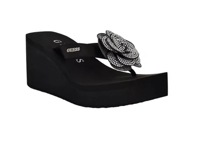 NEW WOMEN'S GUESS BLACK SATIN BOW FLOWER RHINESTONE WEDGE FLIP FLOPS DAMANI - Image 1 of 4