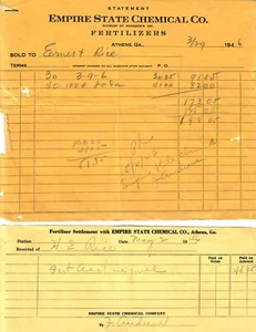 ATHENS, GA- 1946 EMPIRE STATE CHEMICAL CO STATEMENT AND RECEIPT FOR FERTILIZER - Picture 1 of 1
