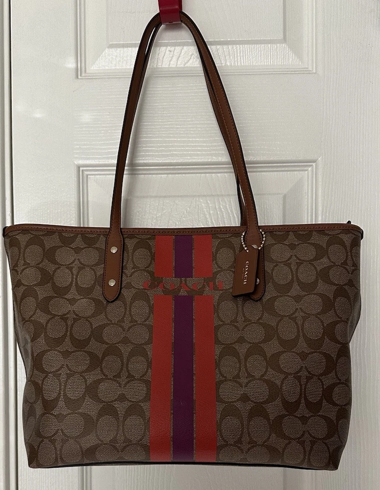 Coach Varsity Stripe City Zip Tote Handbag in Khaki/watermelon F 38405