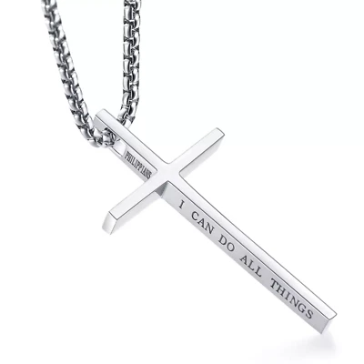 Hombre Mujer Cruz Collar Acero Inoxidable Cristiano FUERZA Colgante Cadena 24" Foto 1 de 4