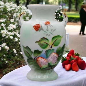 Vintage TMJ Japan Ceramic Hand Painted Vase 3D Strawberries Two Handled - Picture 1 of 8