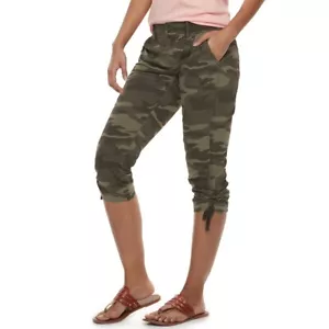 Sonoma Cargo Capris Pants Ruched Tie Hem Mid Rise Camo Green Size 16 - Picture 1 of 8