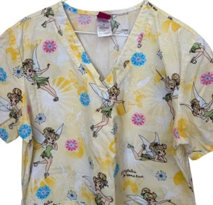Disney Tinkerbell Scrub Top Womens Medium Yellow V Neck Nursing Medical Pockets - Picture 1 of 5