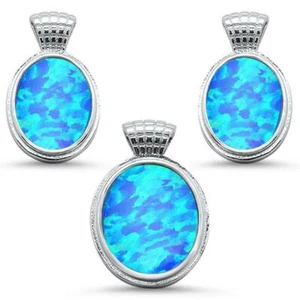 Oval Blue Opal .925 Sterling Silver Earrings & Pendant Set - Picture 1 of 2