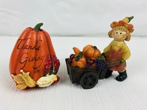 Estatuillas de Halloween de otoño de Acción de Gracias 2 piezas Espantapájaros con carretilla y calabaza - Imagen 1 de 5