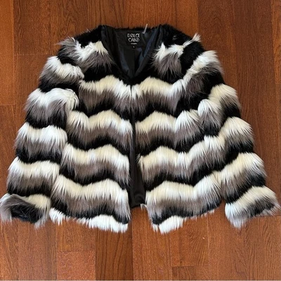 Faux Fur Chevron Stripe Shag Jacket size L Black White Grey Fur - Image 1 of 4