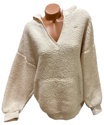 Victoria’s Secret Pink Cream Sherpa Pullover Hoodie V-neck Logo Size Large - Изображение 1 из 2