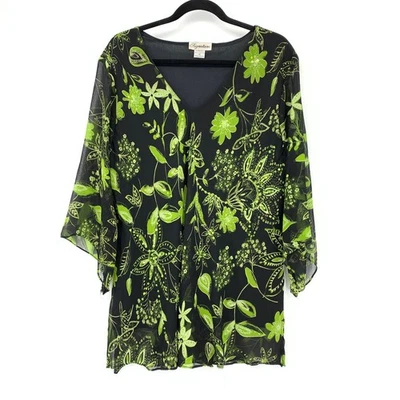 Vintage Signature JMD V-Neck Blouse Womens Size 1X Black Green Sequined Floral - Image 1 of 4