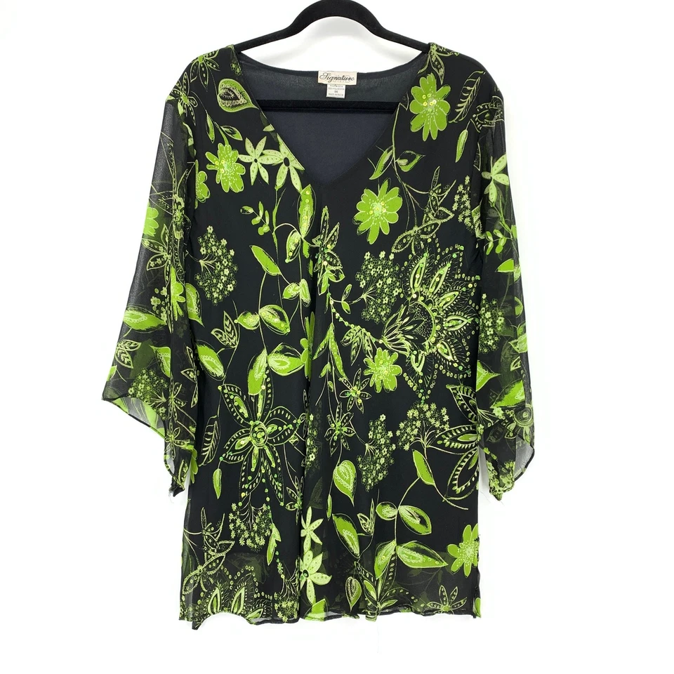 Vintage Signature JMD V-Neck Blouse Womens Size 1X Black Green Sequined Floral - Image 1 of 4