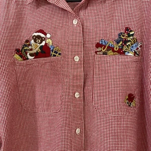 Vintage Weihnachten Top XL rot Gingham Applikation Button Down Shirt Solutions - Bild 1 von 7