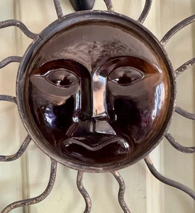 Sun & Moon Iron & Amber Glass Wall Art Garden Home Decorative Plaque HEAVY! - Picture 1 of 2
