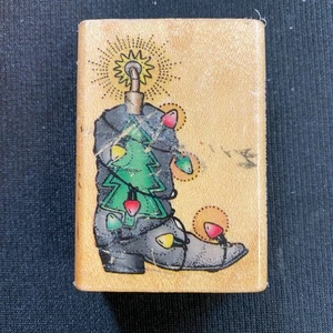 Weihnachten Cowboystiefel Gummistempel Kerze oben Lichterkette 1,5x2" - Bild 1 von 4