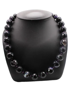 Collier Edelstein Schwarz und lila Achat gestreift facettiert Halskette Kette - Bild 1 von 5
