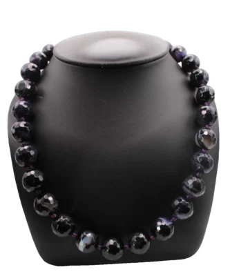 Collier Edelstein Schwarz und lila Achat gestreift facettiert Halskette Kette - Bild 1 von 4