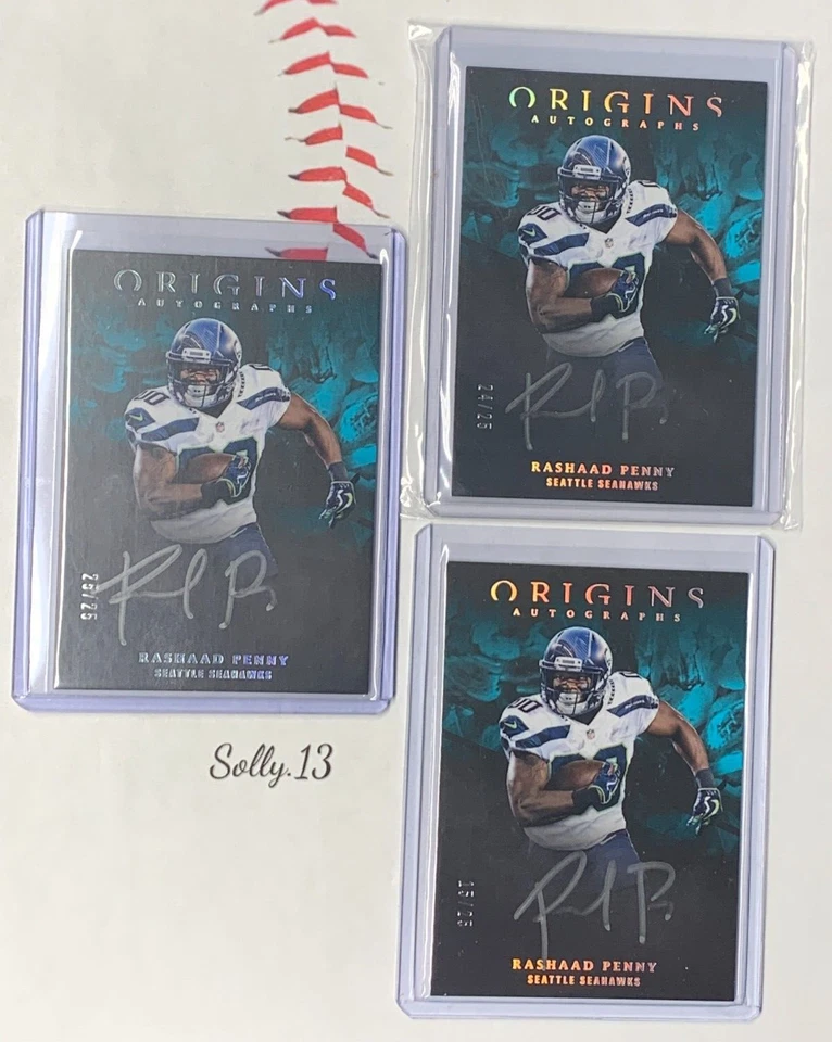 3 RASHAAD PENNY RC AUTO 's 💎 /25 silver ink! 2018 PANINI ORIGINS #OARP SEAHAWKS - Image 1 of 4