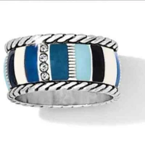 Brighton Cabana Stripe Enamel Ring Blue White Crystal Size 7 - Picture 1 of 6