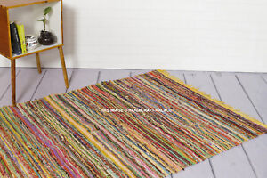 5X7 FT Fair Trade Handmade Rag Rug Chindi Yellow Color Indian Mat Recycled Decor
